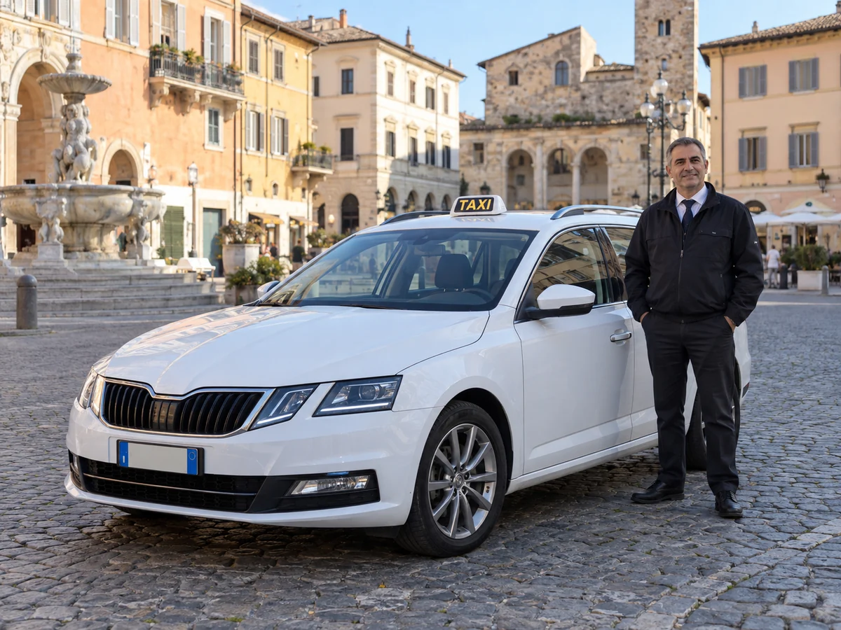 Tassista accanto a un taxi bianco parcheggiato in una piazza italiana