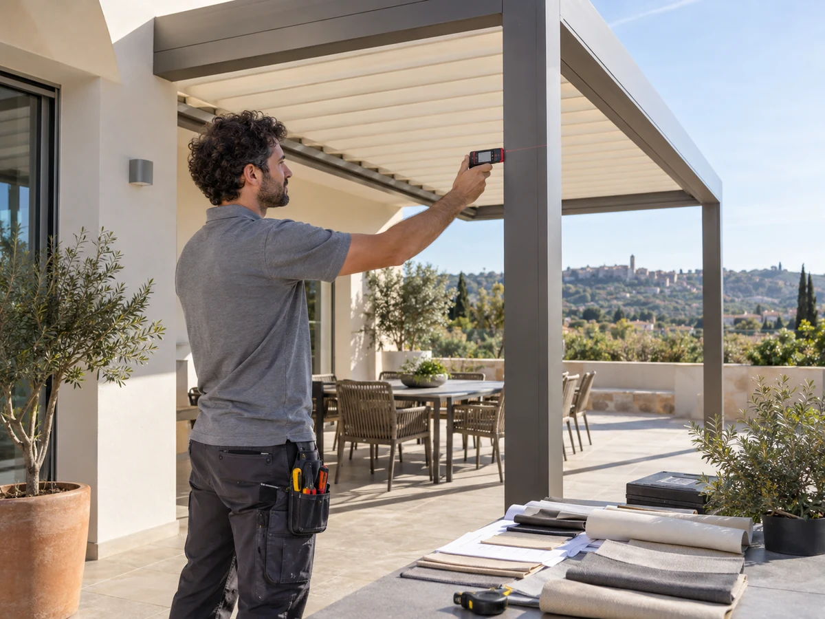 Installatore misura una pergola su una terrazza con campioni di tessuto sul tavolo