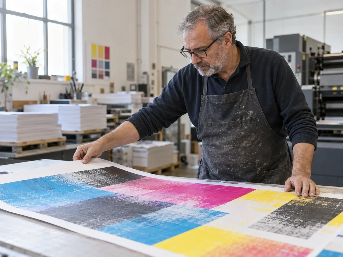 Stampatore che controlla una prova colore su un grande banco nel laboratorio di stampa.