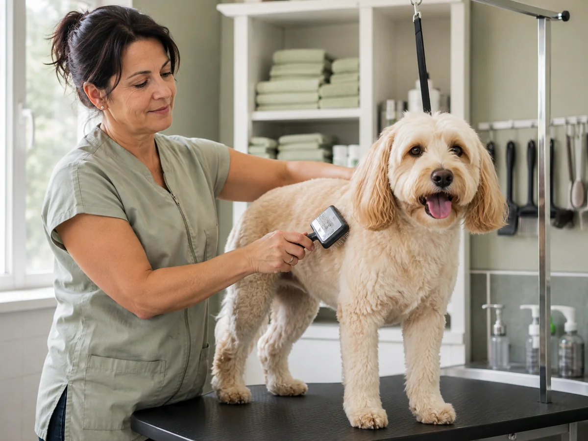 Toelettatrice professionista cura il pelo di un cane in un salone luminoso.