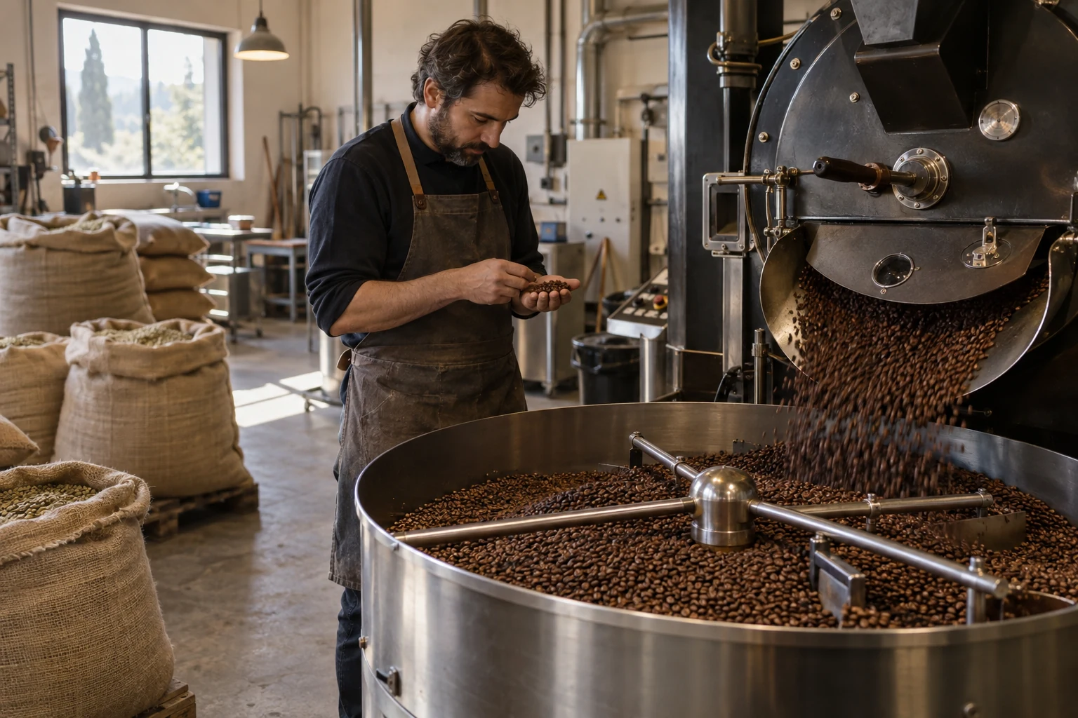Addetto di una torrefazione accanto alla tostatrice con chicchi di caffè e sacchi nel laboratorio