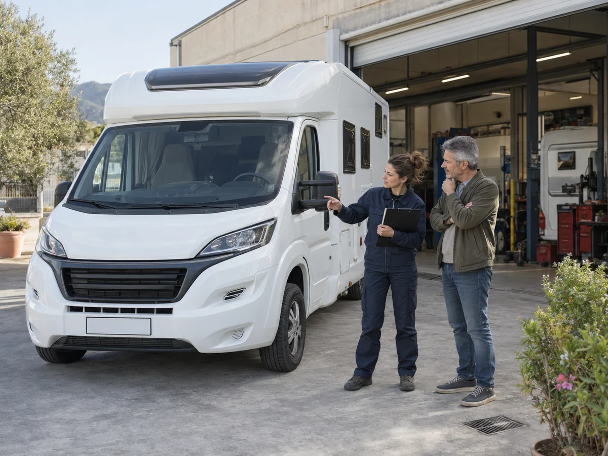 Camper bianco davanti all’ingresso di un’officina con un tecnico e un cliente che concordano l’accettazione
