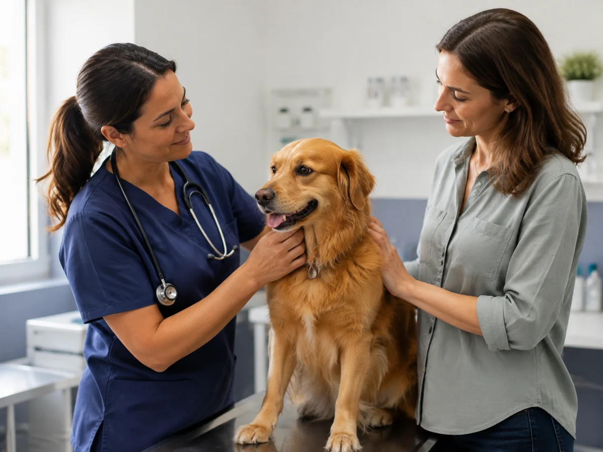 Una veterinaria rassicura un cane sul tavolo di visita insieme alla sua proprietaria.