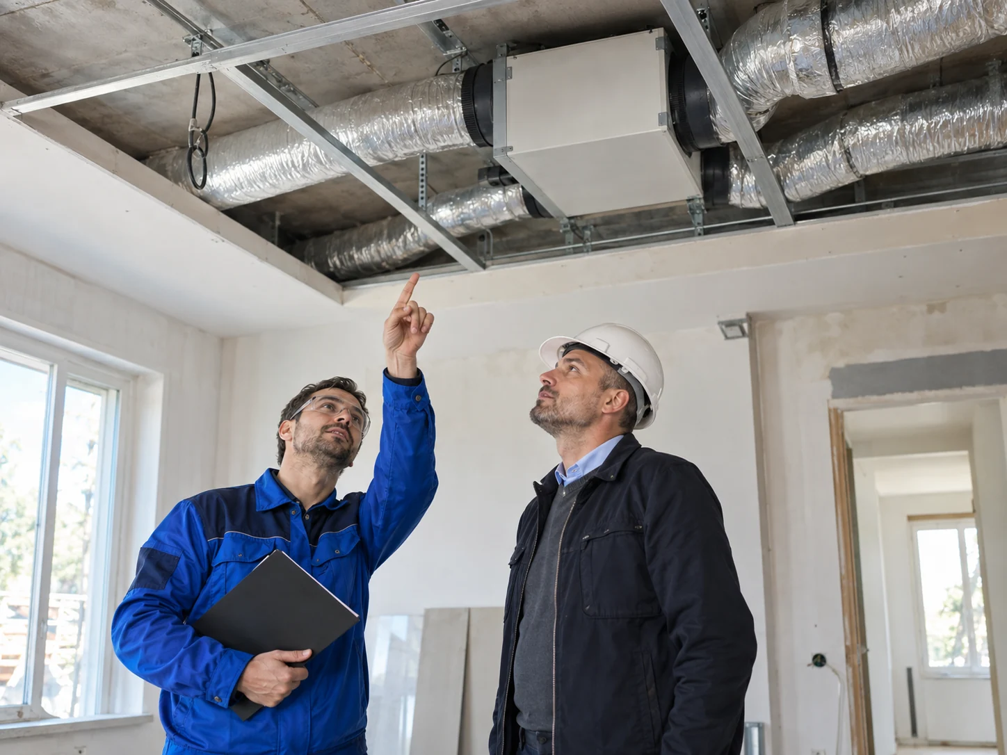 Tecnico e responsabile di cantiere esaminano un’unità di ventilazione e le canalizzazioni prima della chiusura del controsoffitto