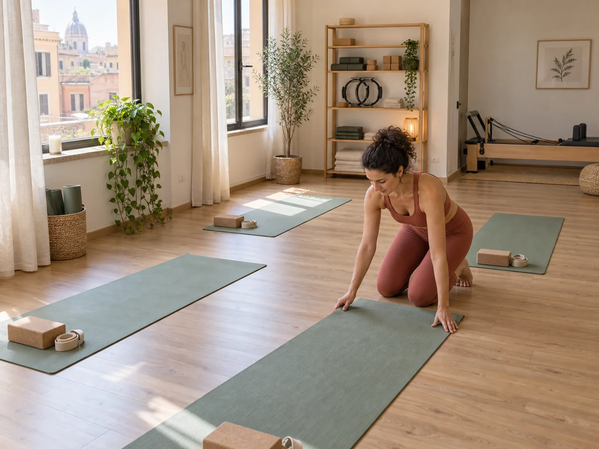 Insegnante che sistema un tappetino in una sala yoga e Pilates luminosa con attrezzature.