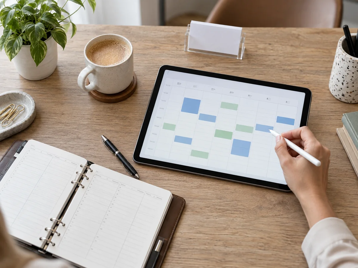 Agenda cartacea e tablet con un calendario degli appuntamenti su una scrivania.