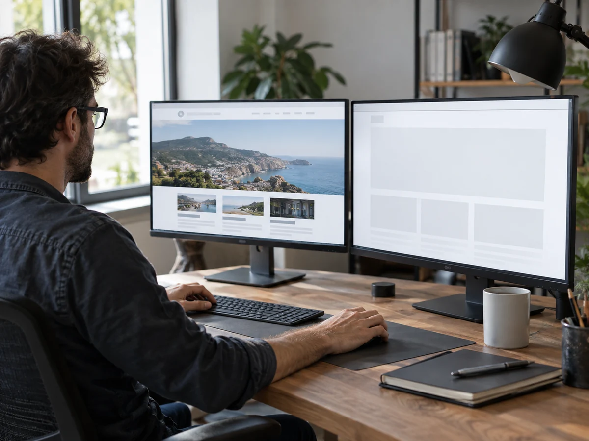 Sviluppatore confronta una pagina completa con una versione senza contenuti su due monitor
