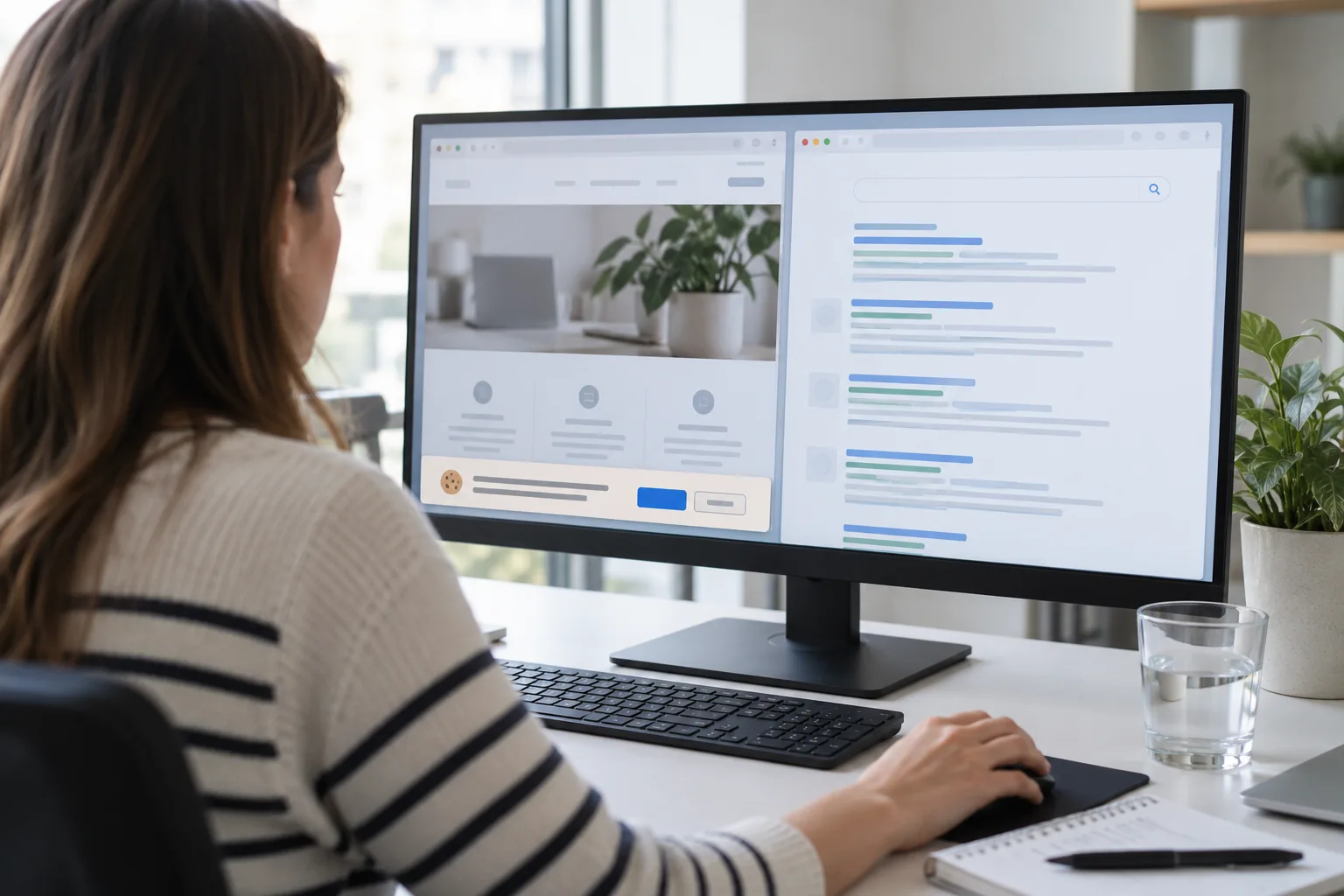 Consulente osserva sul monitor due finestre del sito e della ricerca per confrontare il banner cookie con l’anteprima dei risultati.