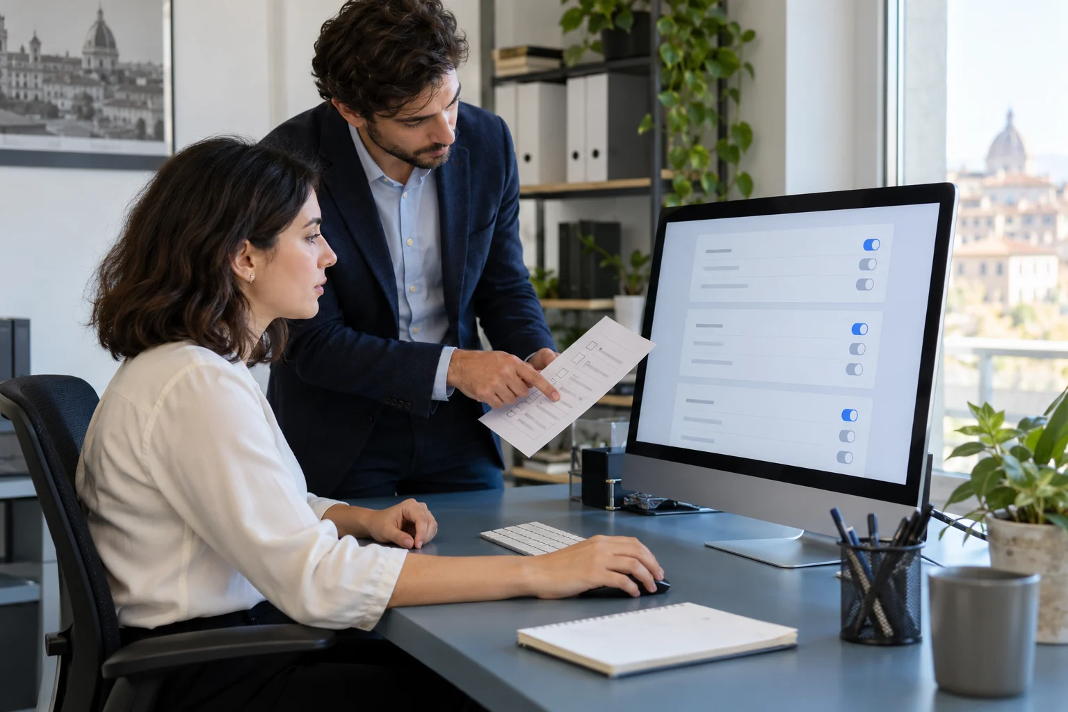 Titolare e tecnico osservano un monitor con le impostazioni di accesso di un sito aziendale durante una verifica in ufficio.