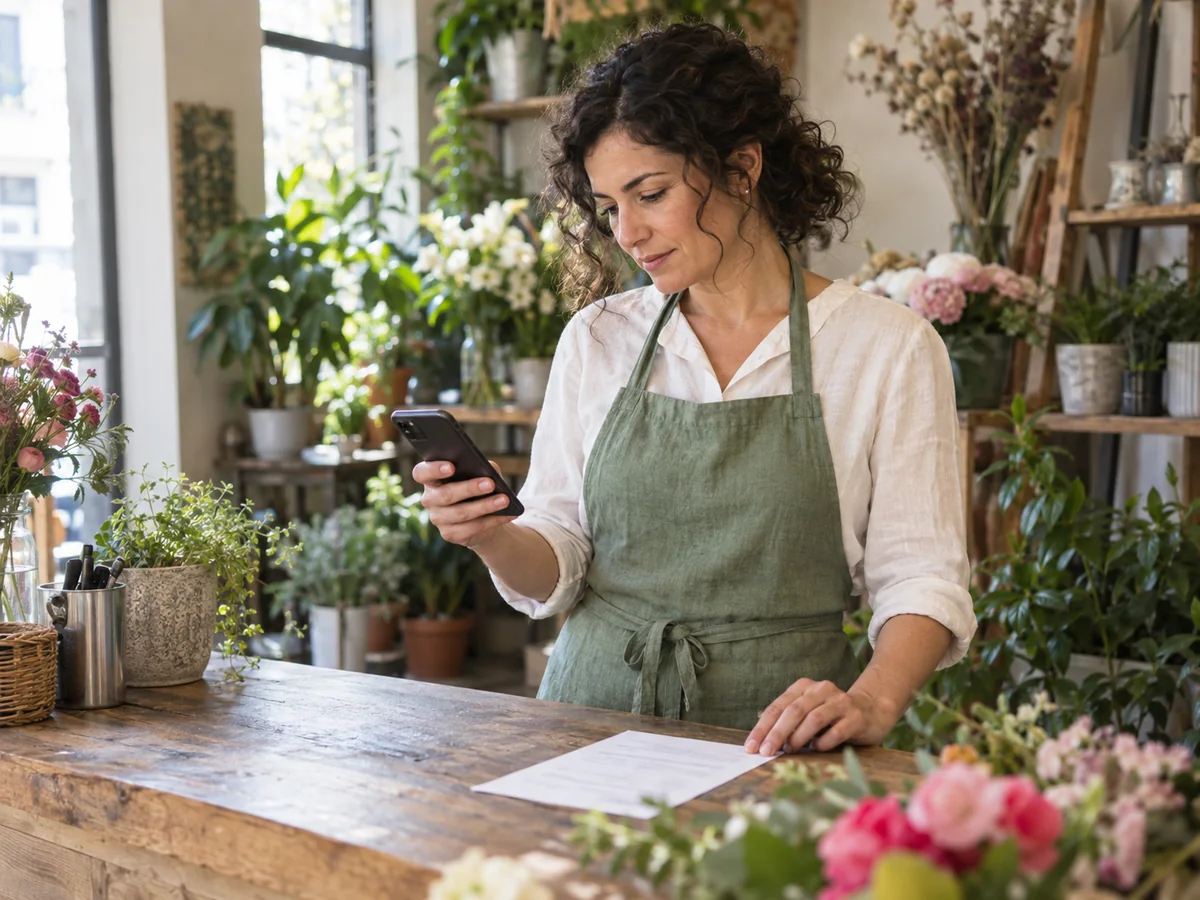 Titolare di un negozio di fiori controlla lo smartphone accanto agli orari dell’attività
