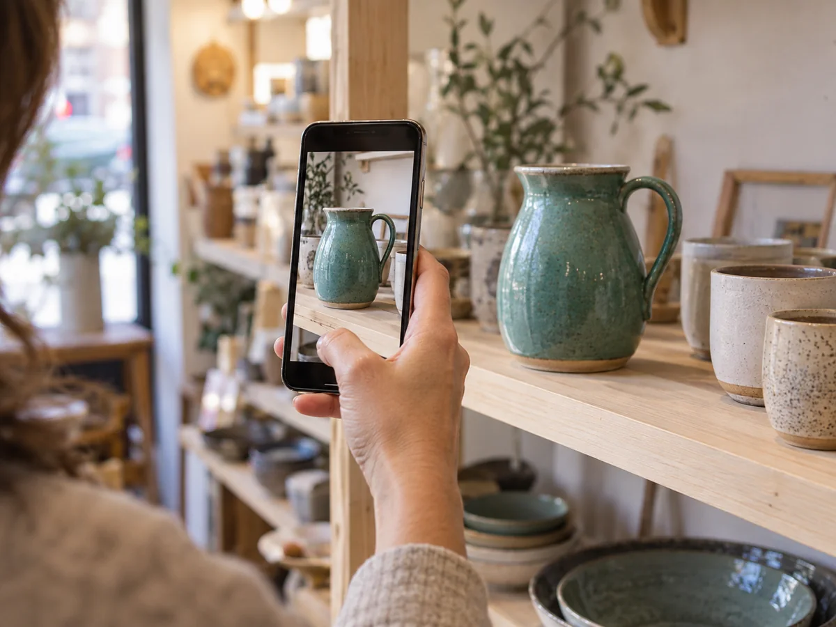 Una mano inquadra con lo smartphone una brocca in ceramica verde esposta sullo scaffale di un negozio.