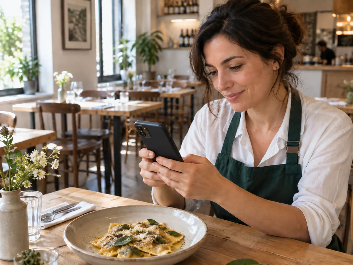 Ristoratrice consulta il telefono a un tavolo del locale, accanto a un piatto di ravioli.