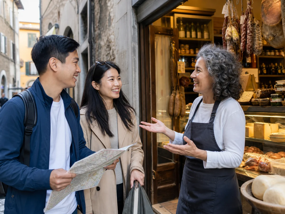Coppia di turisti con una mappa accolta dalla titolare di una gastronomia italiana.