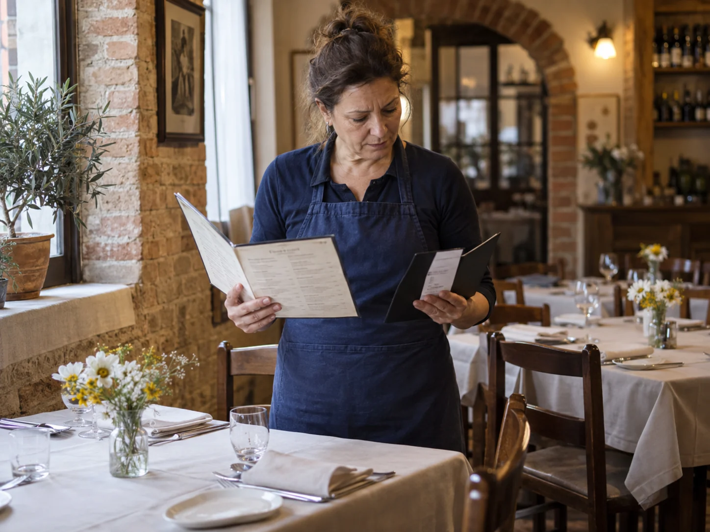 Ristoratrice confronta un menu cartaceo con un conto nella sala di una trattoria.