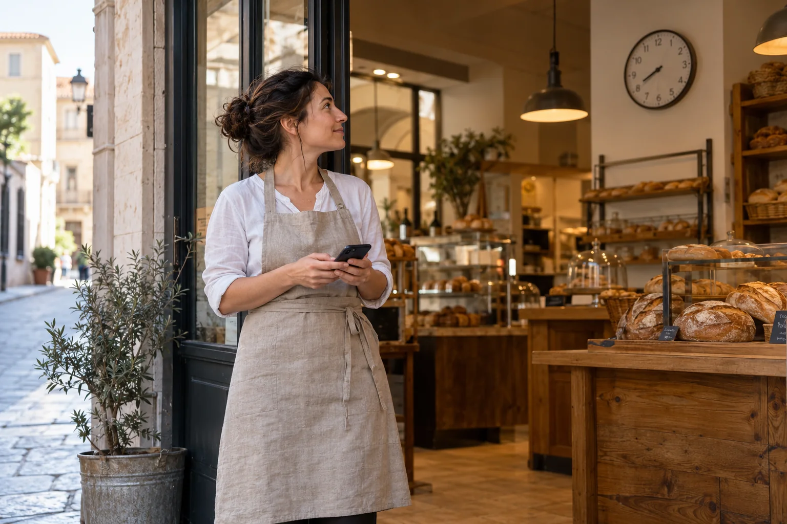 Proprietaria apre la panetteria al mattino e controlla lo smartphone davanti all'ingresso.