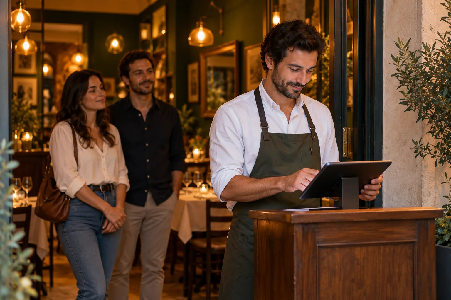 Responsabile dell’accoglienza di un ristorante controlla il tablet mentre una coppia attende vicino all’ingresso.
