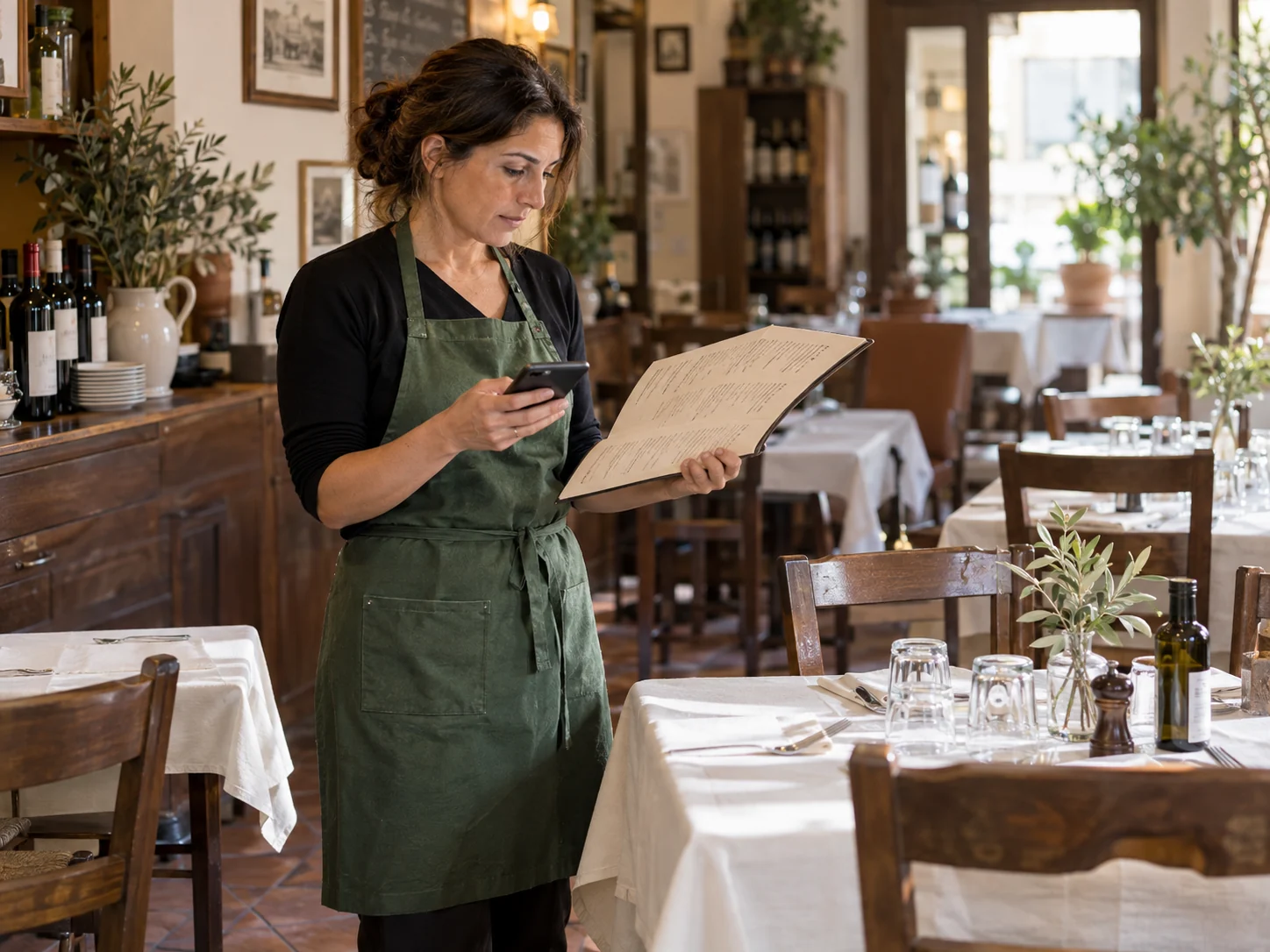 Ristoratrice che confronta un menu cartaceo con il telefono nella sala apparecchiata del locale.