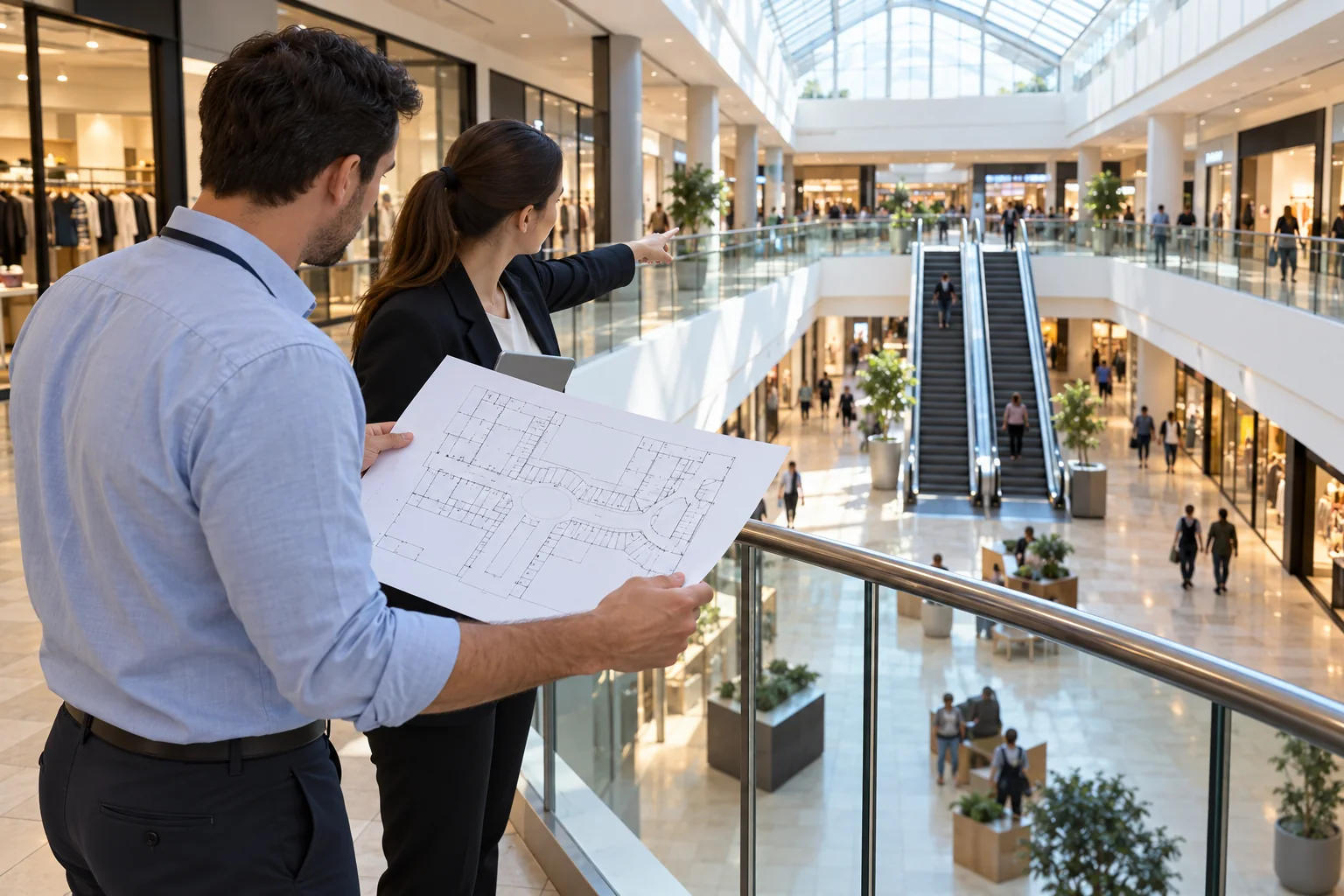 Responsabile di un centro commerciale confronta una planimetria cartacea con la disposizione dei negozi nella galleria.