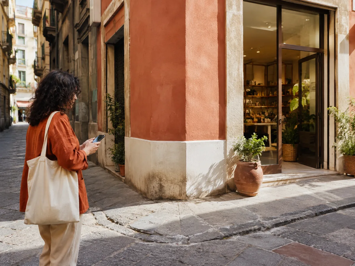 Visitatrice con lo smartphone cerca l’ingresso di un negozio all’angolo di una strada.