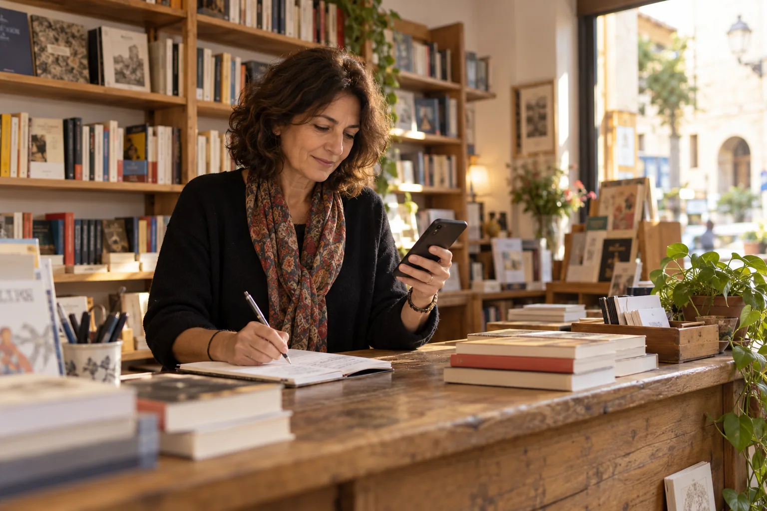 Libraia consulta lo smartphone accanto a un quaderno sul bancone della libreria.
