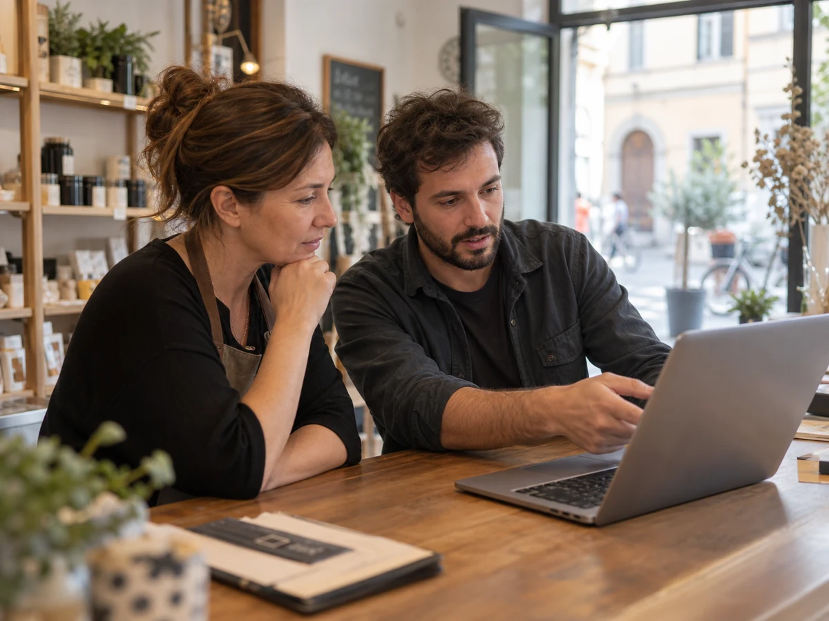 Una titolare e un tecnico controllano un computer al banco di un negozio, con l’ingresso sullo sfondo.