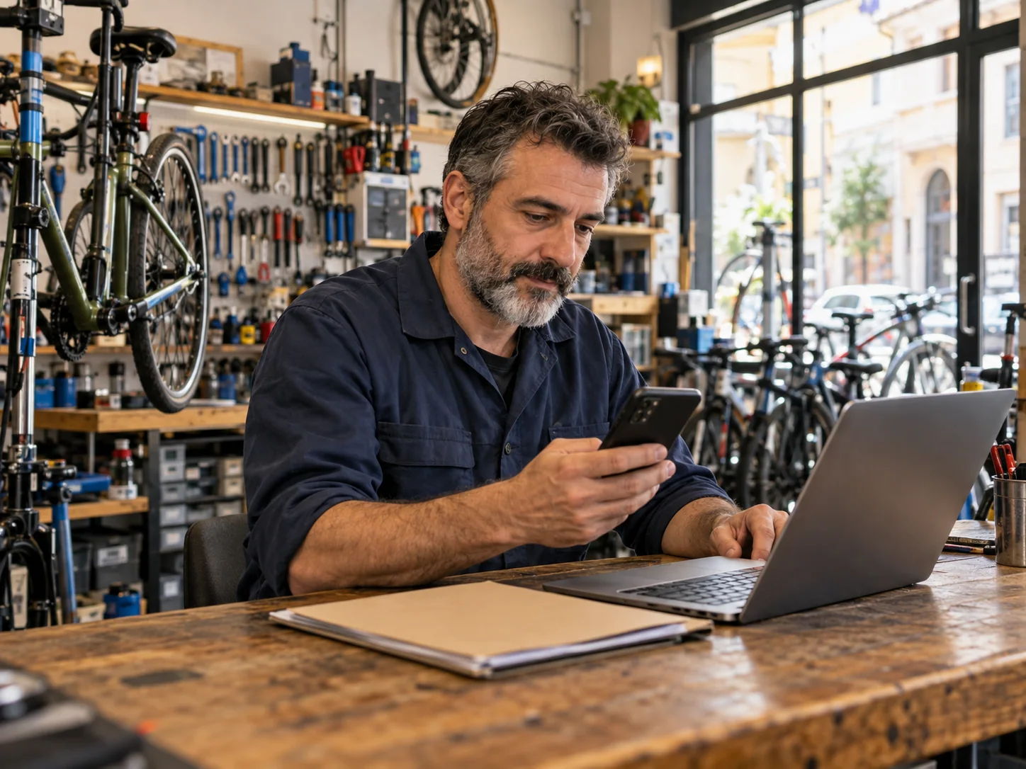 Titolare di un negozio di riparazioni che controlla lo smartphone al banco, con la vetrina alle spalle.