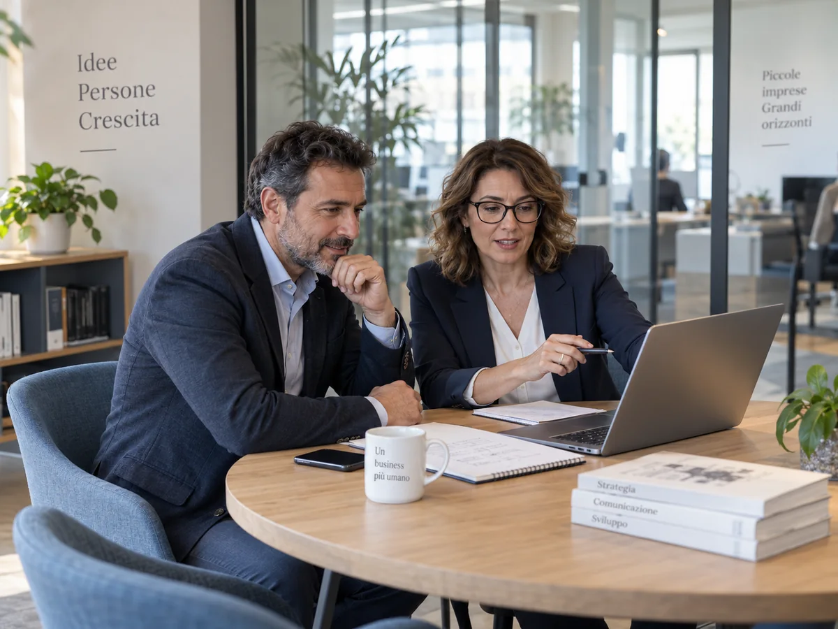 Titolare di una piccola impresa e consulente confrontano una proposta di gestione pubblicitaria su un portatile in ufficio