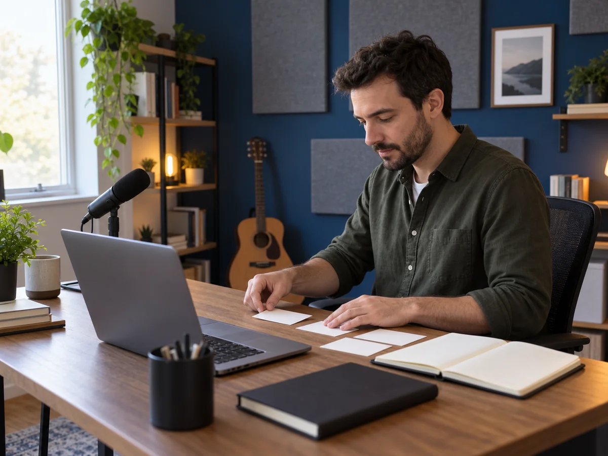 Formatore che prepara materiali didattici sul tavolo del proprio studio accanto a un portatile e un microfono