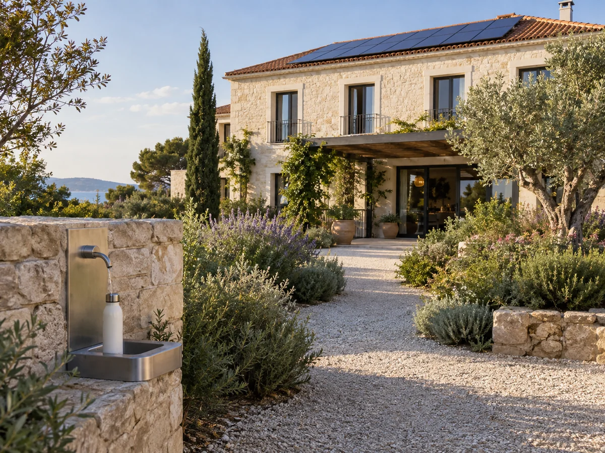 Hotel con giardino mediterraneo, pannelli solari sul tetto e punto per riempire borracce