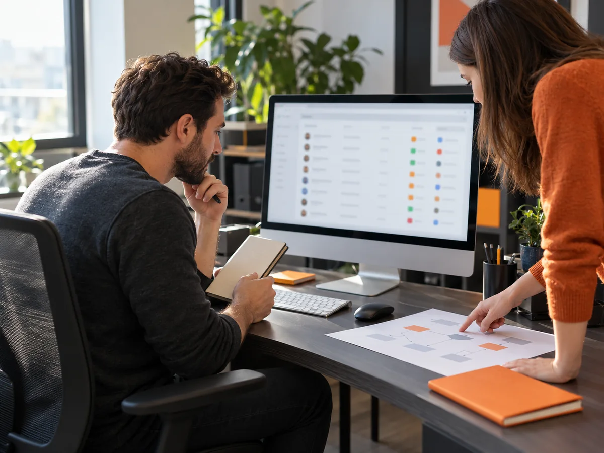 Due collaboratori in ufficio che controllano una lista di contatti sul monitor del computer con appunti sulla scrivania