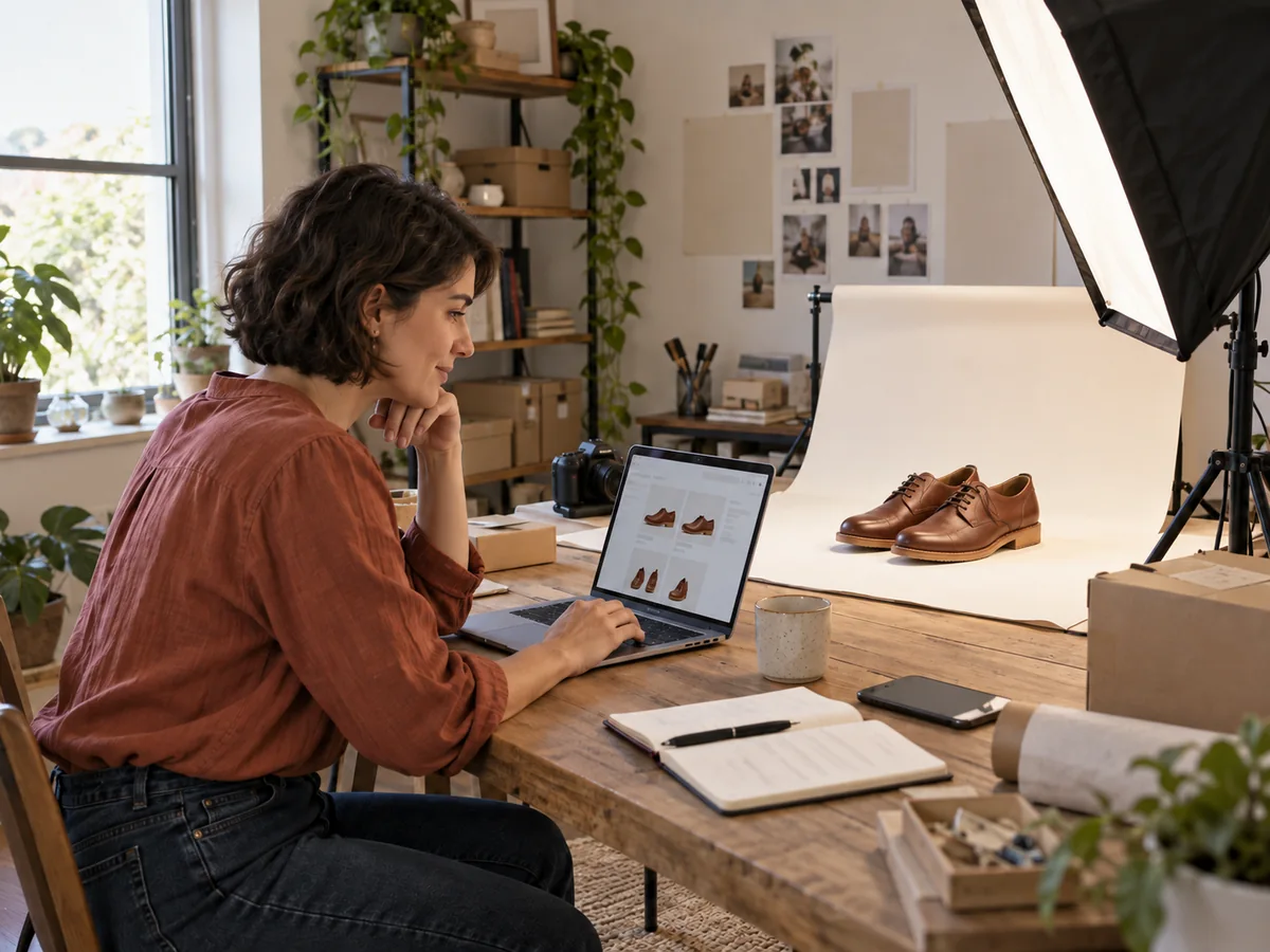 Operatrice ecommerce controlla le schede dei prodotti accanto a una postazione per fotografie di catalogo