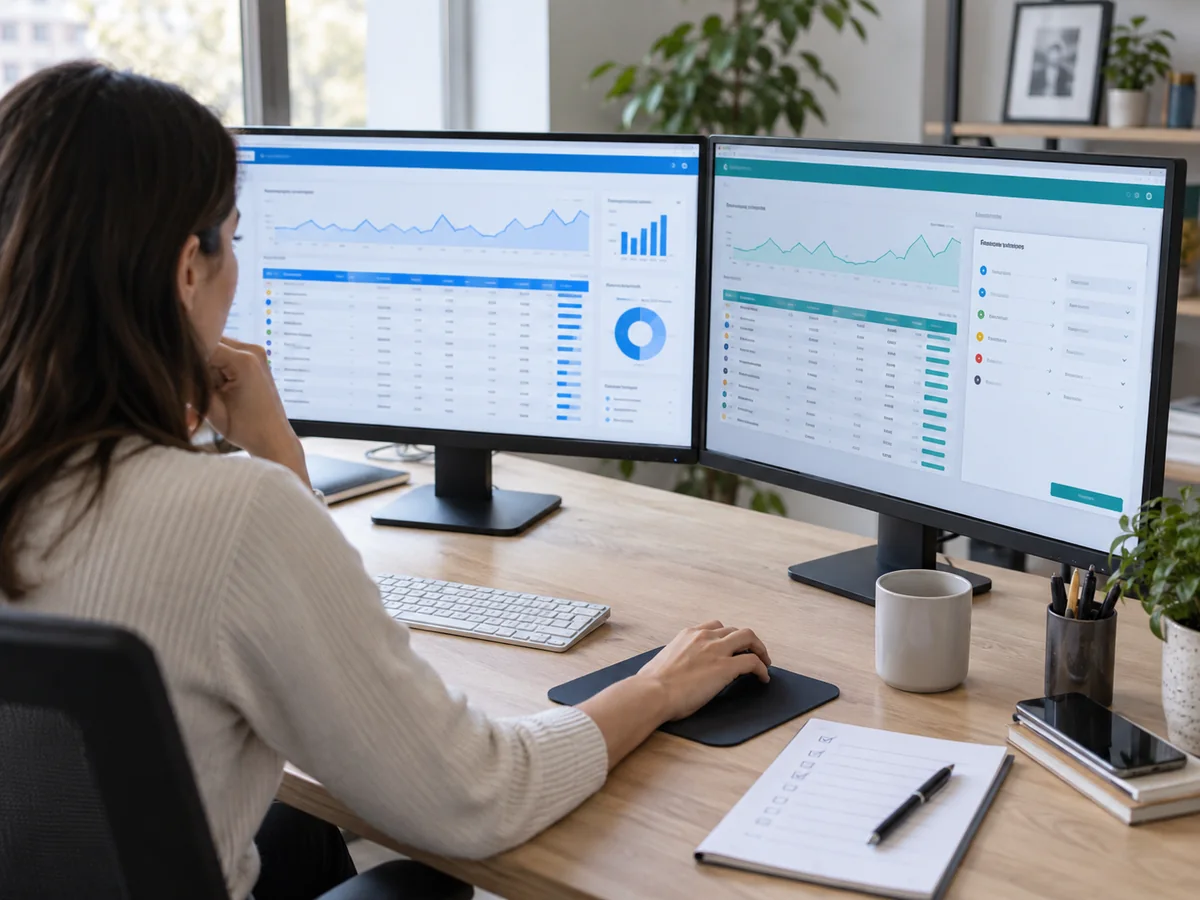 Specialista marketing di spalle confronta due monitor con tabelle di campagne e una checklist.