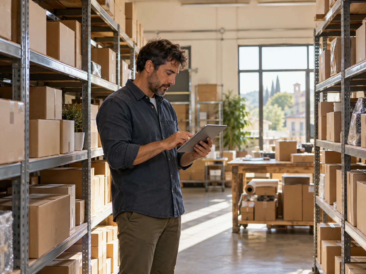 Responsabile di un negozio online aggiorna il catalogo su tablet tra gli scaffali