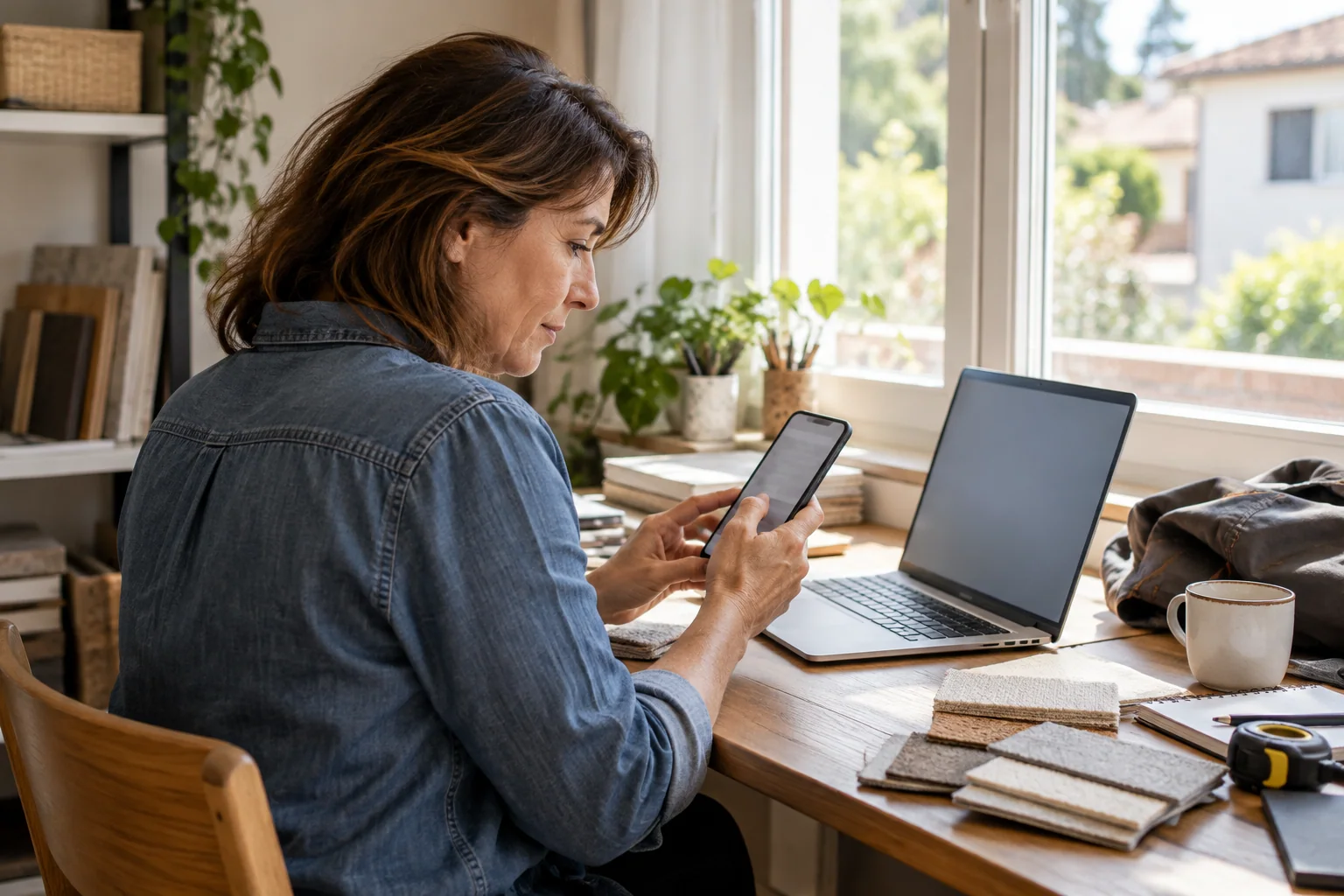 Una professionista controlla lo smartphone accanto al computer nella postazione di lavoro di casa.