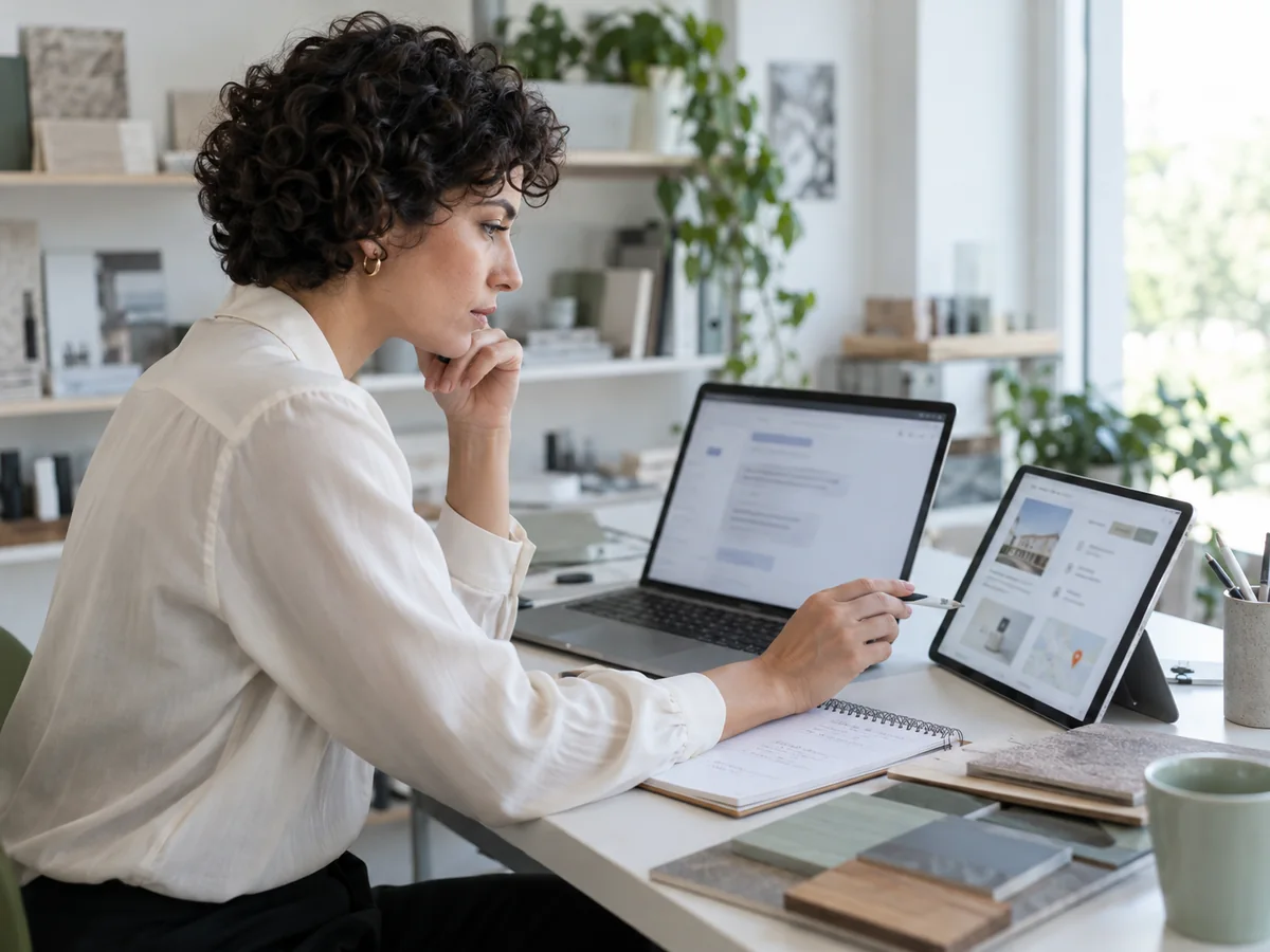Professionista in uno studio di design confronta una risposta sul portatile con i dati aziendali sul tablet