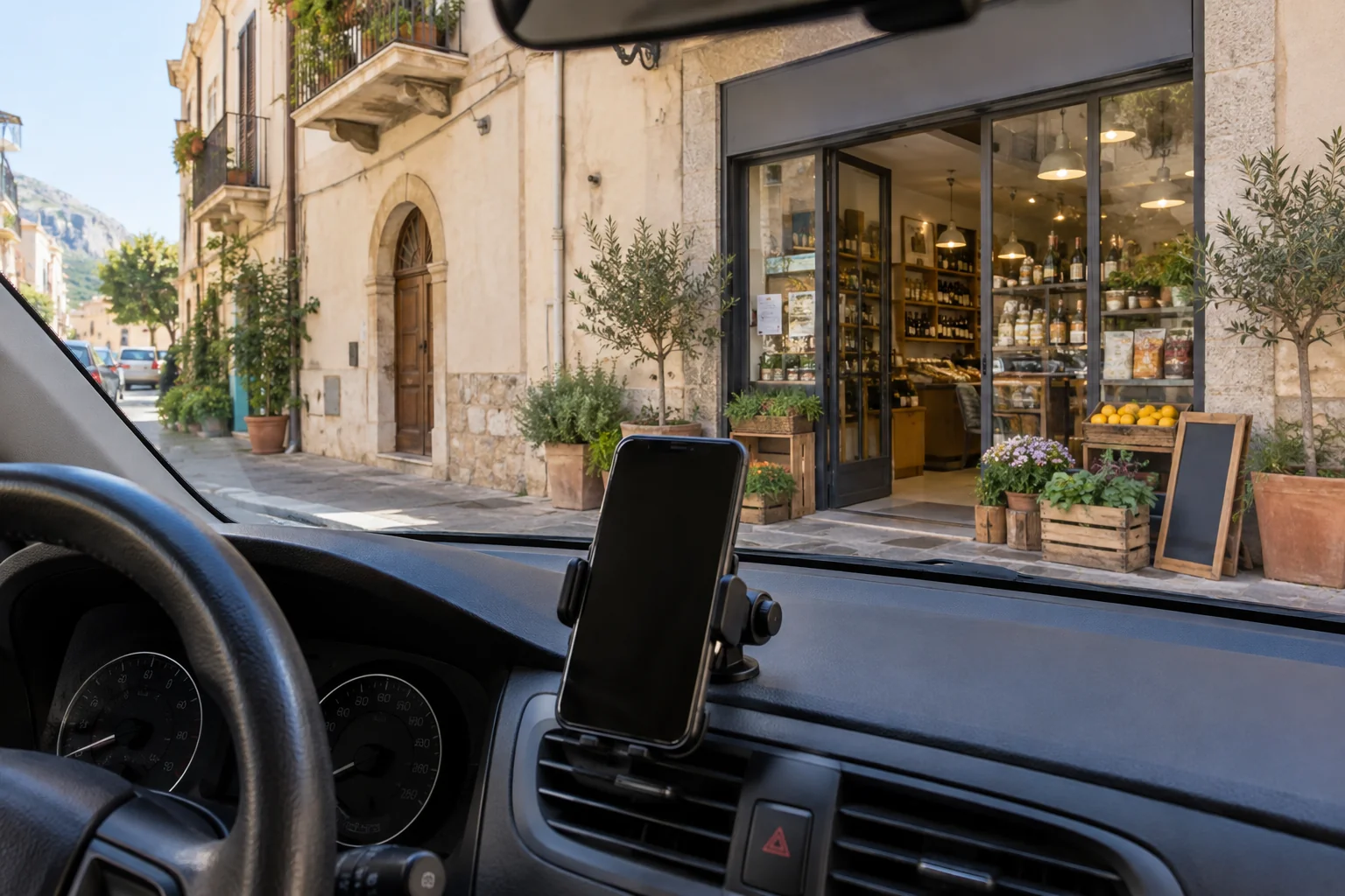 Uno smartphone sul supporto di un’auto parcheggiata, con l’ingresso di un’attività visibile attraverso il parabrezza.