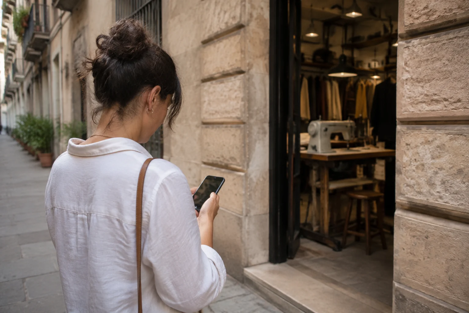 Una persona consulta il telefono davanti all’ingresso di un’attività locale.