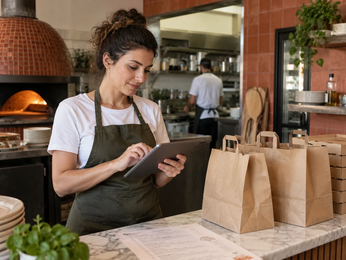 Responsabile di una pizzeria con grembiule verde oliva che controlla un tablet al banco, accanto a sacchetti da asporto in carta