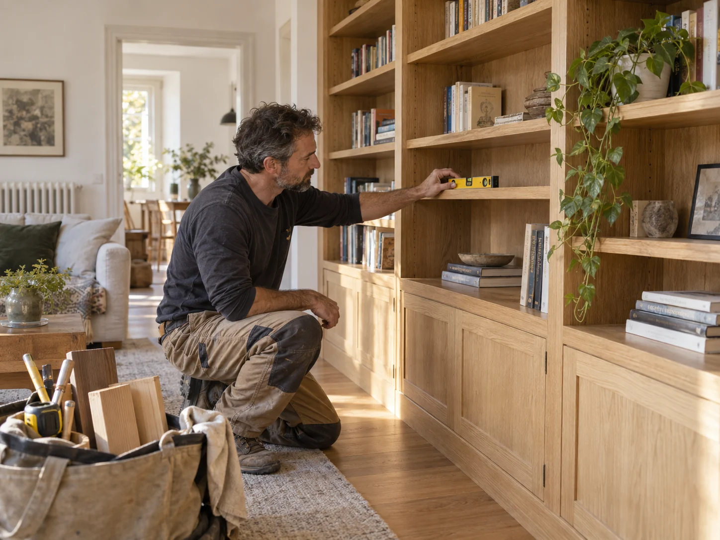 Falegname controlla con una livella una libreria in legno montata in un appartamento.