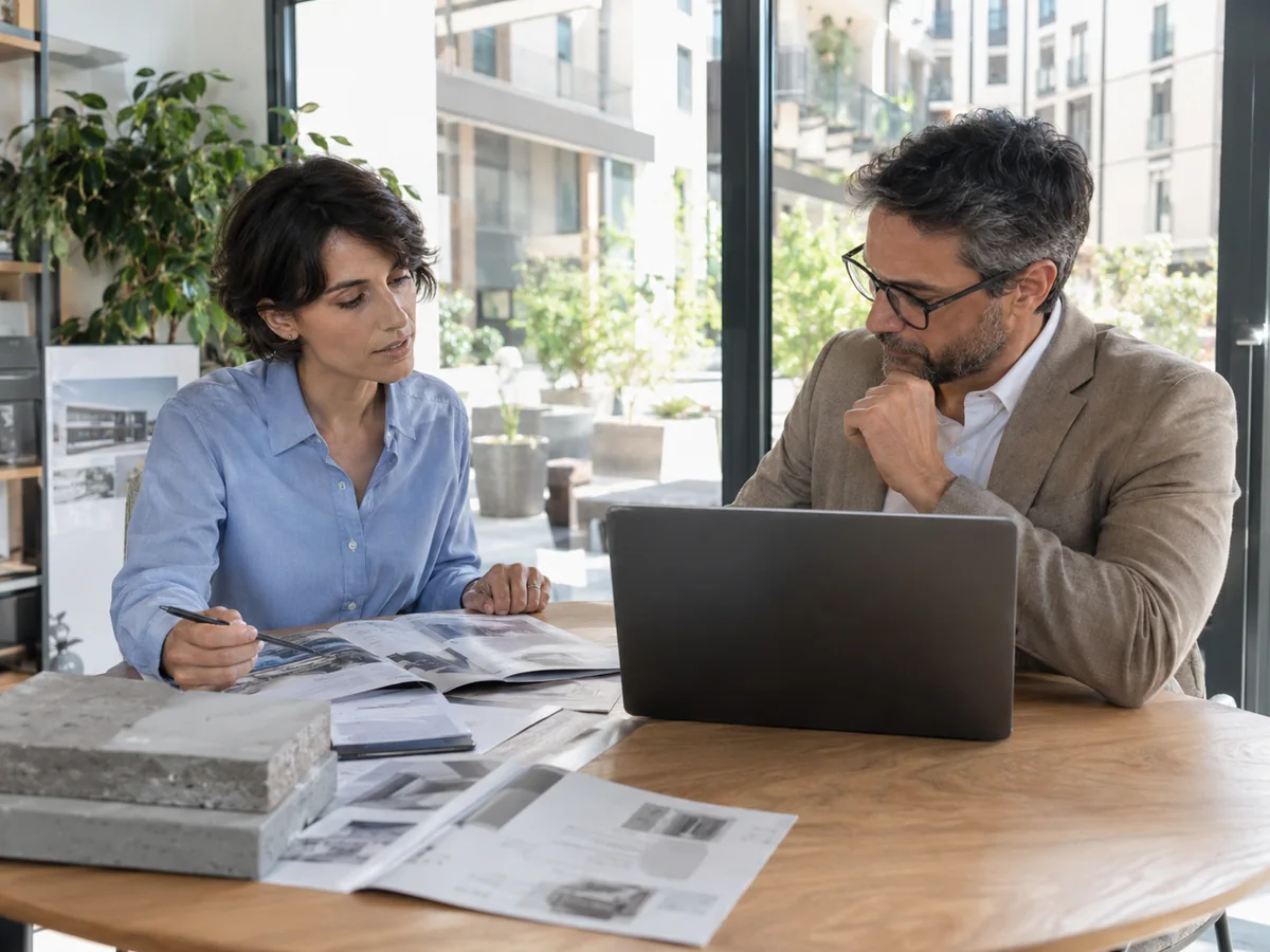 Due professionisti confrontano una proposta commerciale e i contatti ricevuti durante una riunione in ufficio.