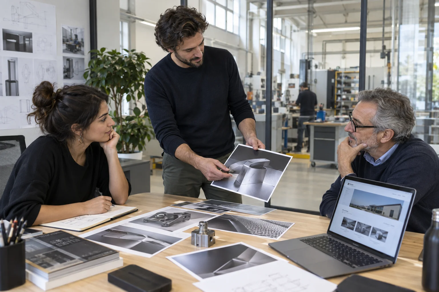 Gruppo di professionisti di un’azienda tecnica che prepara la presentazione dei propri servizi in sala riunioni