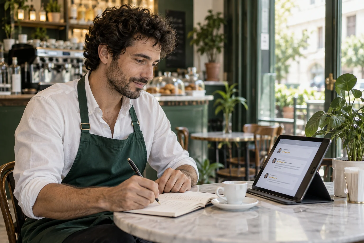 Titolare di un bar che legge le opinioni dei clienti su un tablet al tavolo accanto alla vetrina