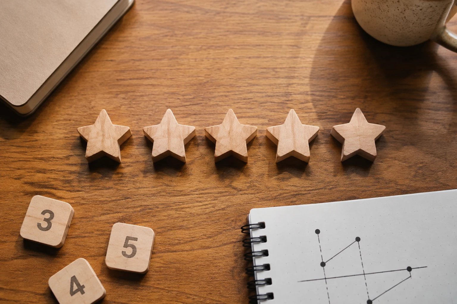 Cinque stelle di legno, tessere numerate e un taccuino su un tavolo, per illustrare il calcolo delle valutazioni.