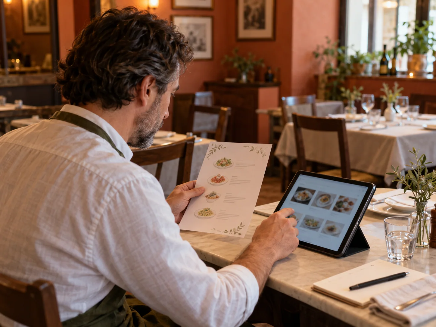 Ristoratore con grembiule verde che confronta un menu cartaceo e un tablet nella sala del locale dai toni terracotta.