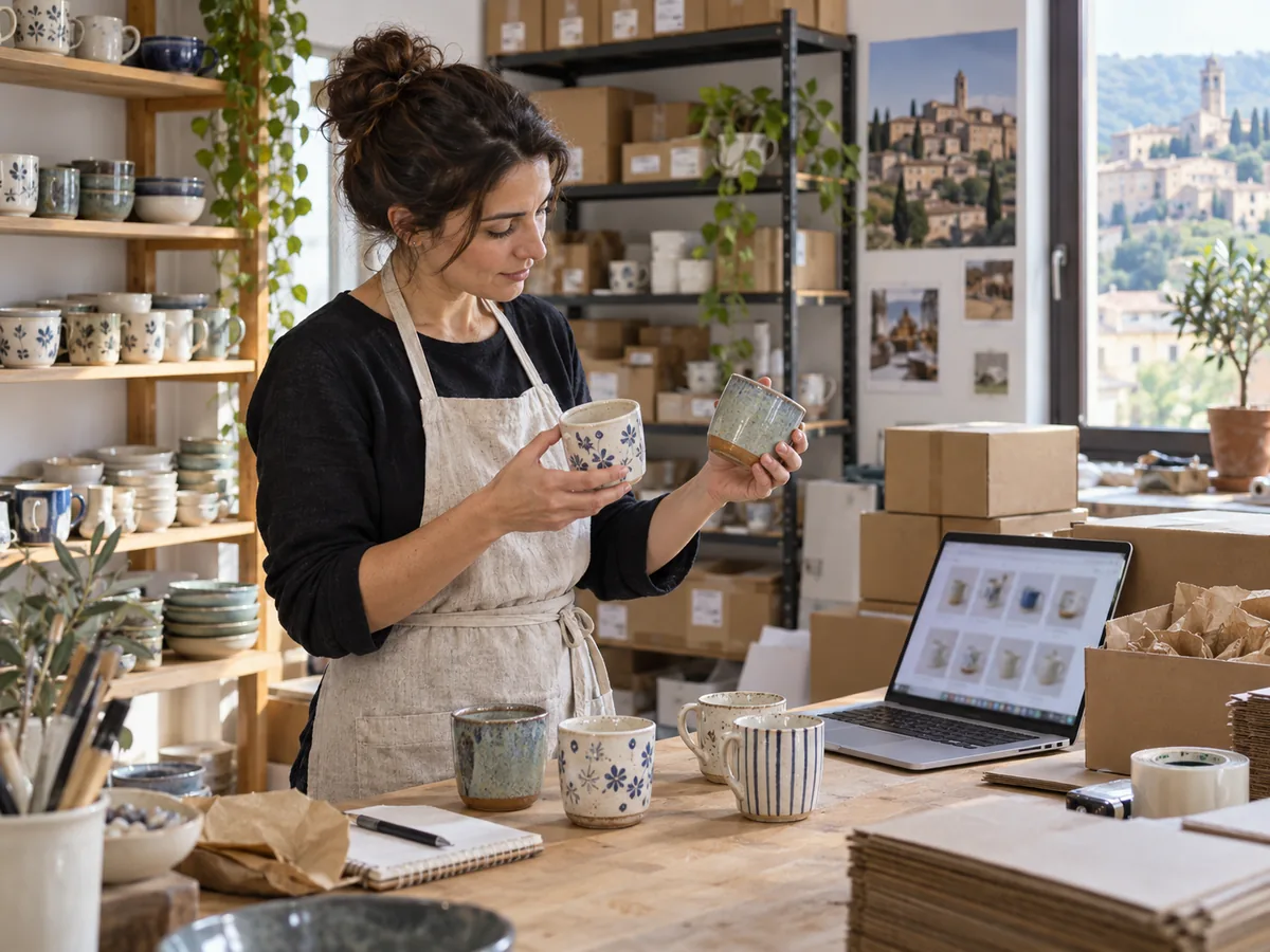 Commerciante confronta ceramiche in magazzino con il catalogo del negozio aperto sul portatile
