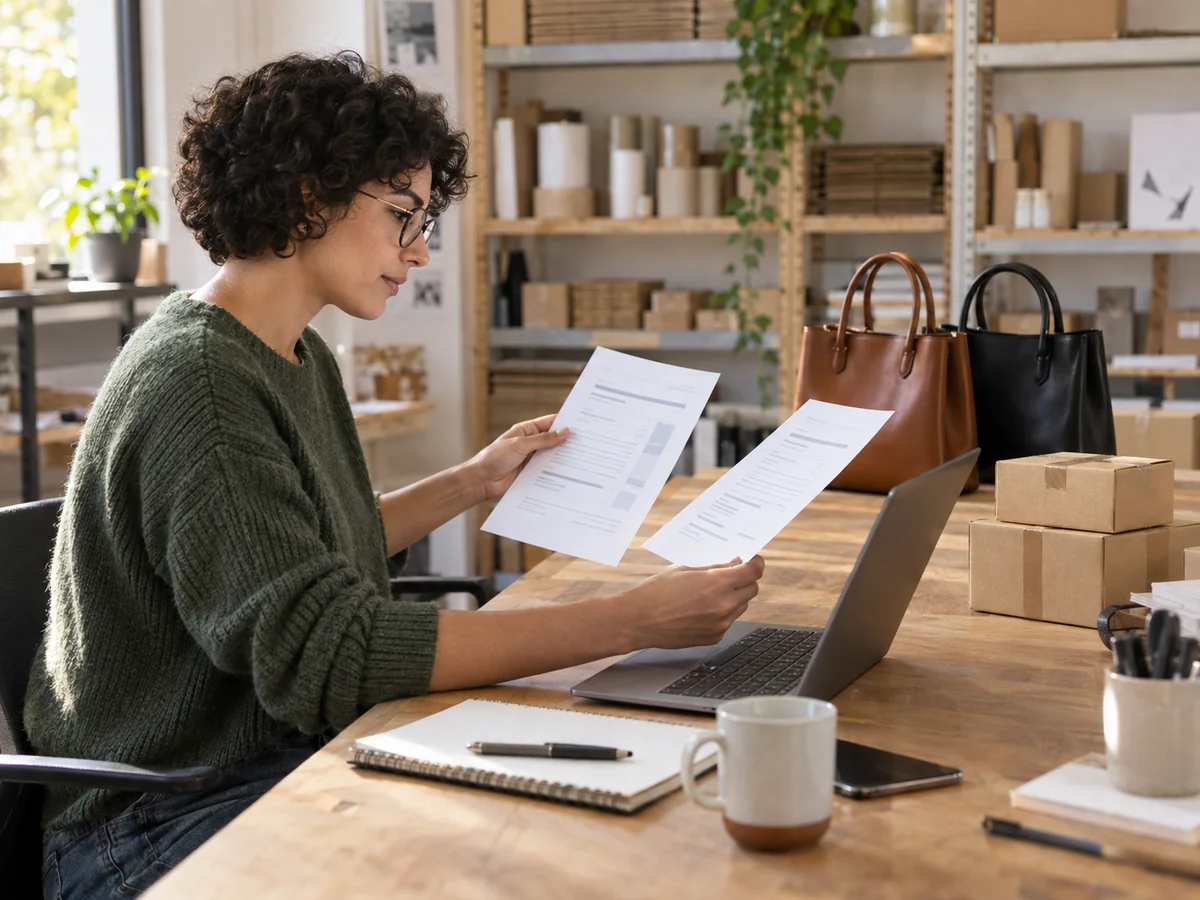 Responsabile ecommerce confronta due proposte accanto al portatile, con borse e pacchi sul banco.