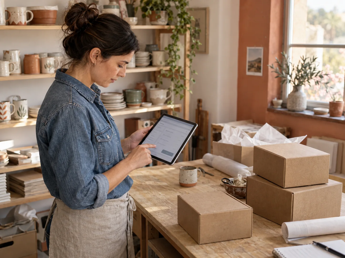Commerciante consulta un tablet al banco delle spedizioni di un negozio di ceramiche.