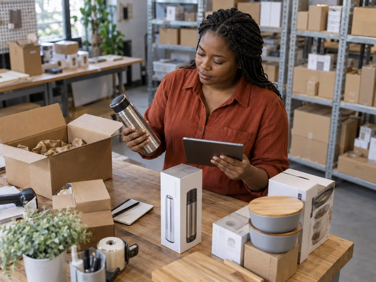 Responsabile ecommerce confronta prodotti ed etichette su un banco consultando i dati sul tablet