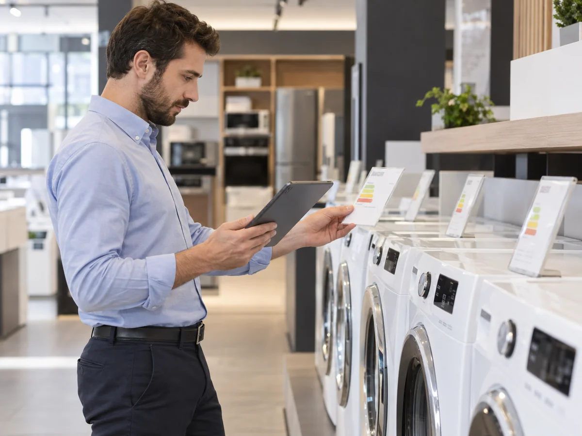Addetto in uno showroom di elettrodomestici con una scheda prodotto cartacea e un tablet