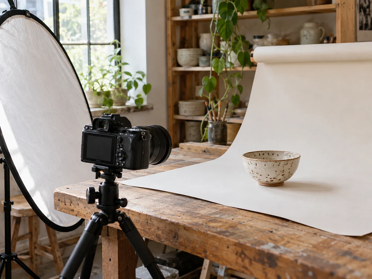 Set fotografico con una tazza artigianale su un fondale chiaro e una fotocamera pronta per lo scatto